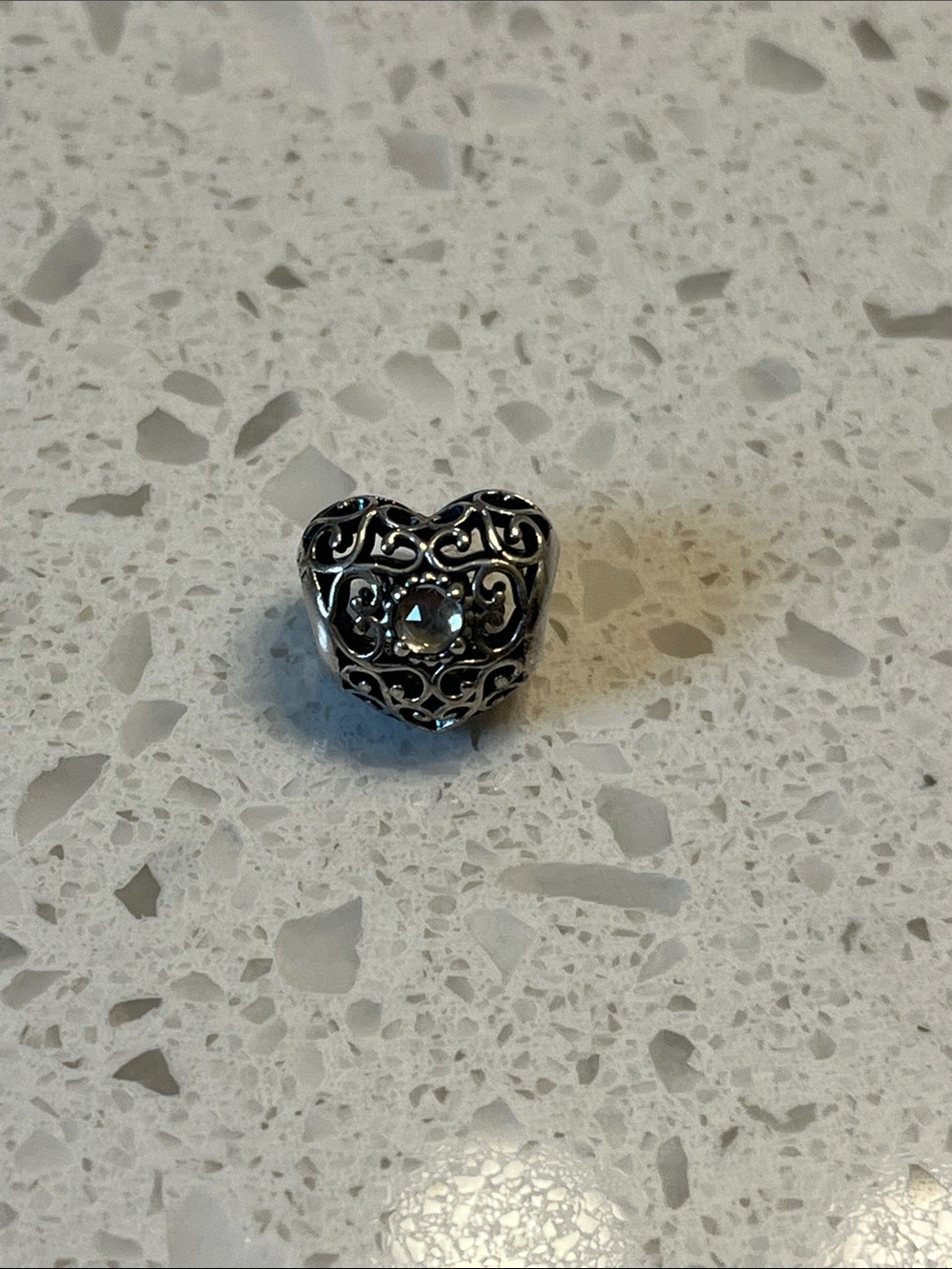 Heart Filigree Charm with Central Crystal - Silver Tone Pandora birthstone